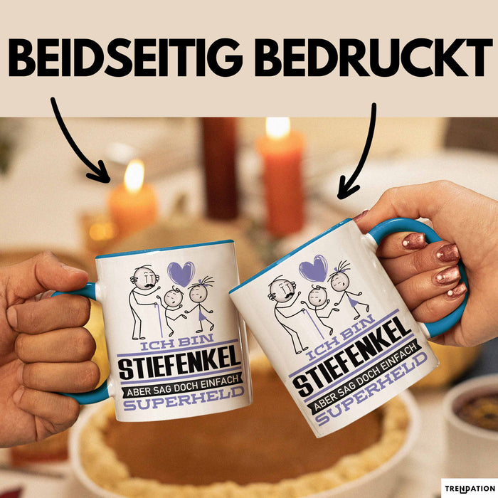 Stiefenkel Geschenk Tasse Ich Bin Stiefenkel Aber Sag Doch Einfach Superheld Lustige Geschenkdiee für Stiefenkel Kaffee-Becher Blau Trendation