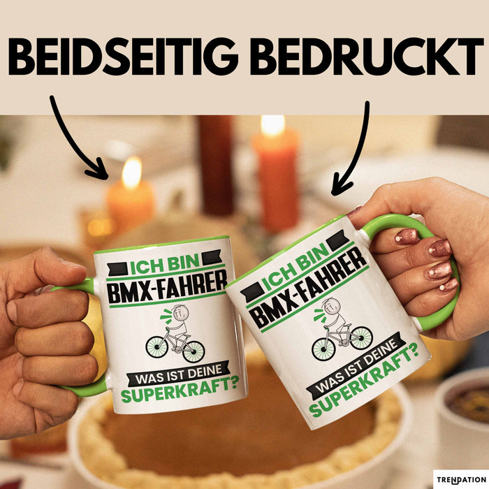 BMX-Fahrer Tasse Geschenk für BMX-Fahrer Geburtstag Lustiger Spruch Kaffee-Becher Was Ist Deine Superkraft Grün Trendation