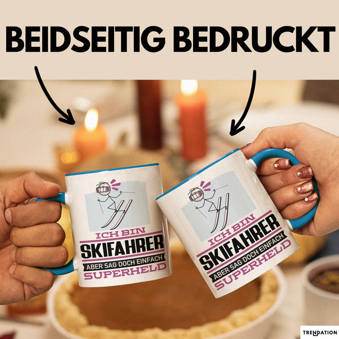 Skifahrer Geschenk Tasse Ich Bin Skifahrer Aber Sag Doch Einfach Superheld Lustige Geschenkdiee für Skifahrer Kaffee-Becher Blau Trendation