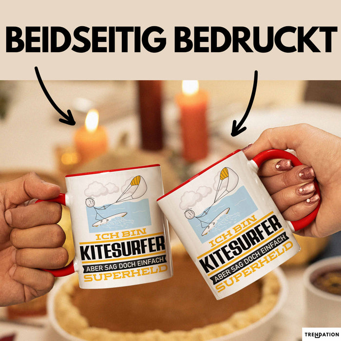 Kitesurfer Geschenk Tasse Ich Bin Kitesurfer Aber Sag Doch Einfach Superheld Lustige Geschenkdiee für Kitesurfer Kaffee-Becher Rot Trendation