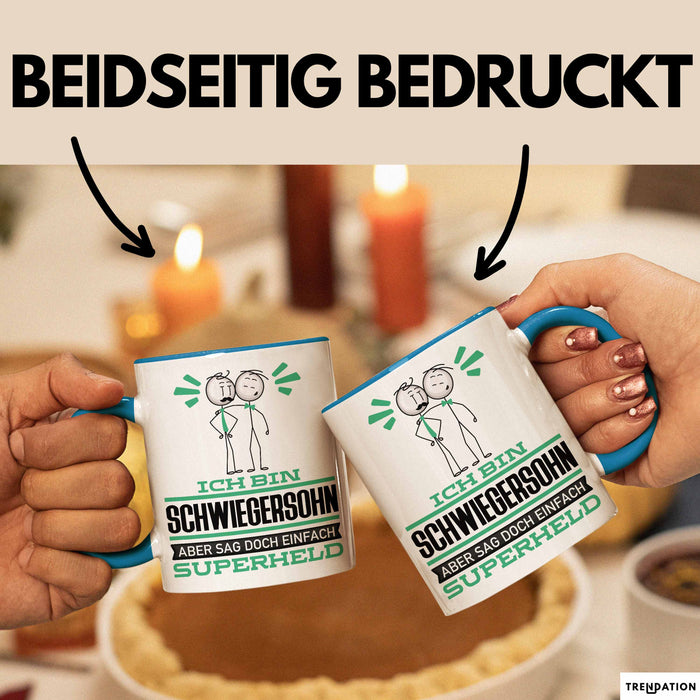 Schwiegersohn Geschenk Tasse Ich Bin Schwiegersohn Aber Sag Doch Einfach Superheld Lustige Geschenkdiee für Schwiegersohn Kaffee-Becher Blau Trendation