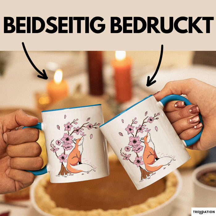 Fuchs Tasse Geschenk Fox Japanese Kirschblüte Blume Vintage Fuchs Kaffee-Becher Blau Trendation