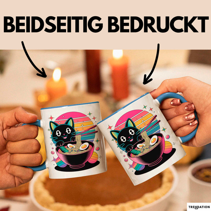 Katzen Tierliebhaber Tasse Geschenk Lustige Geschenkidee Spruch Katze Isst Ramen Nudeln Blau Trendation
