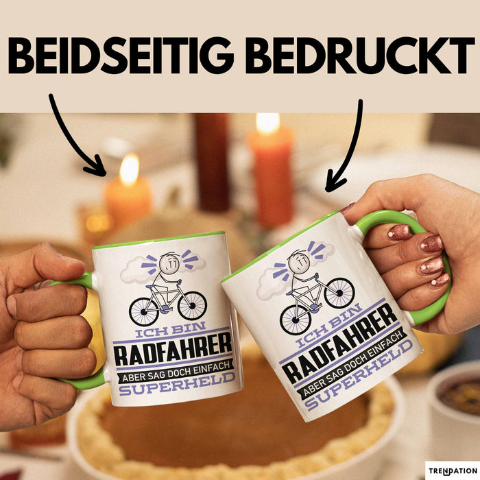 Radfahrer Geschenk Tasse Ich Bin Radfahrer Aber Sag Doch Einfach Superheld Lustige Geschenkdiee für Radfahrer Kaffee-Becher Grün Trendation