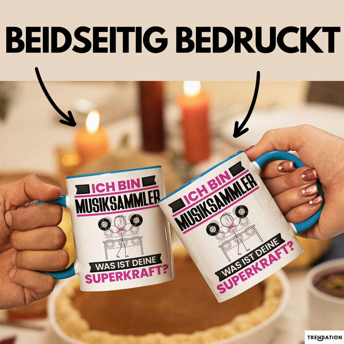 Musiksammler Tasse Geschenk für Musiksammler Geburtstag Lustiger Spruch Kaffee-Becher Was Ist Deine Superkraft Blau Trendation