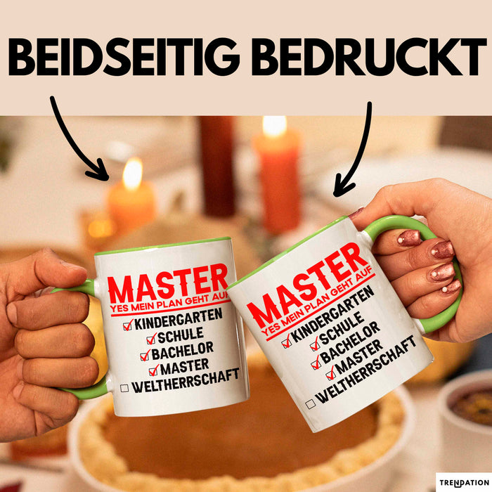 Master Absolvent Abschluss Tasse Geschenk Lustige Geschenkidee Spruch Master Yes Mein Plan Geht Auf Grün Trendation