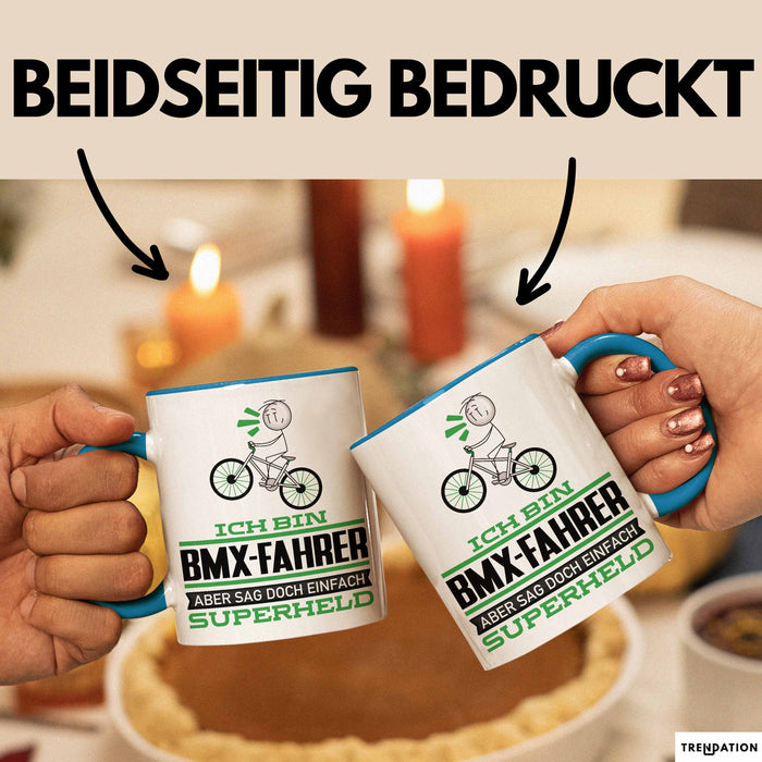 BMX-Fahrer Geschenk Tasse Ich Bin BMX-Fahrer Aber Sag Doch Einfach Superheld Lustige Geschenkdiee für BMX-Fahrer Kaffee-Becher Blau Trendation