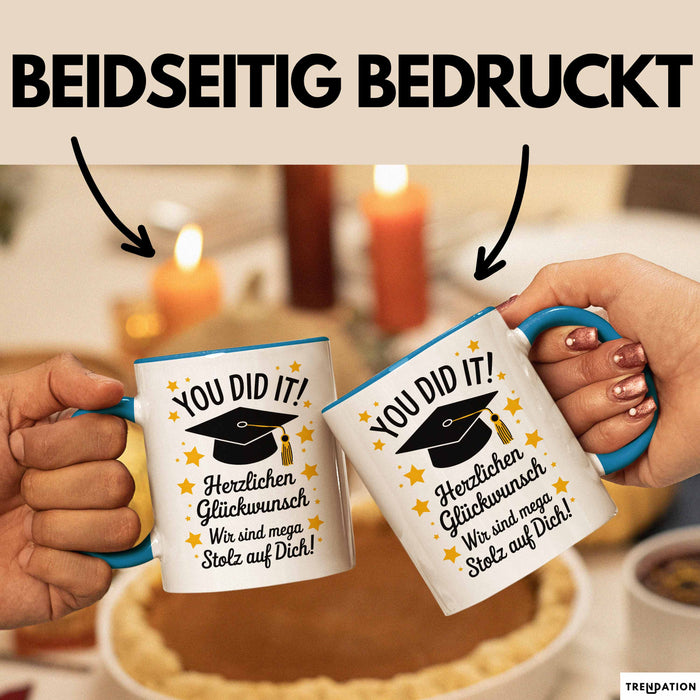 Schüler Abschluss Tasse Geschenk Lustige Geschenkidee Spruch Herzlichen Glückwünsche Blau Trendation