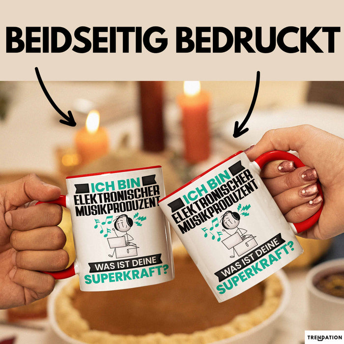 Elektronischer Musikproduzent Tasse Geschenk für Elektronischer Musikproduzent Geburtstag Lustiger Spruch Kaffee-Becher Was Ist Deine Superkraft Rot Trendation