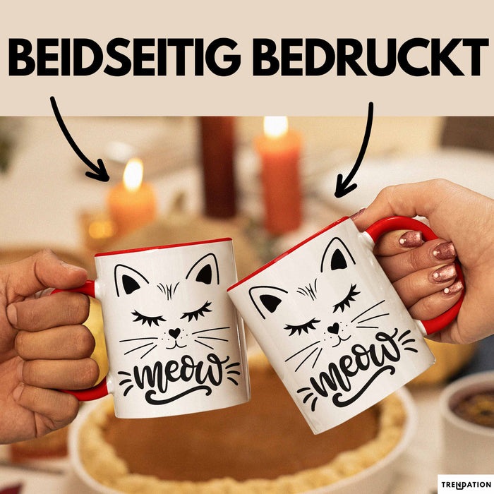 Katzen-Besitzerin Tasse Geschenk Meow Katze Geschenkidee Miau Katzen Mama Kaffee-Becher Rot Trendation
