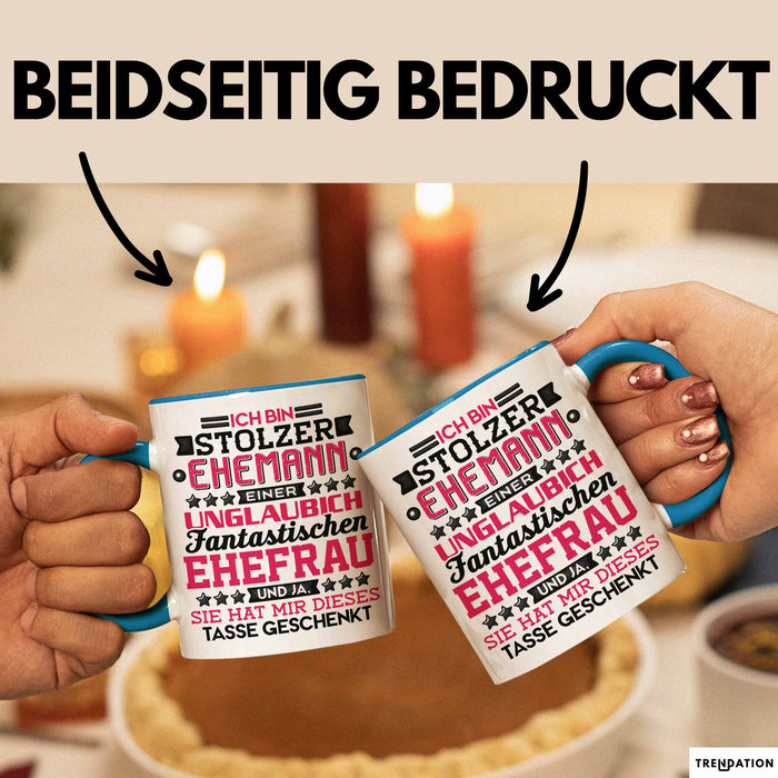 Lustige Tasse Geschenk Stolzer Ehemann Fantastischer Ehefrau Spruch Blau Trendation