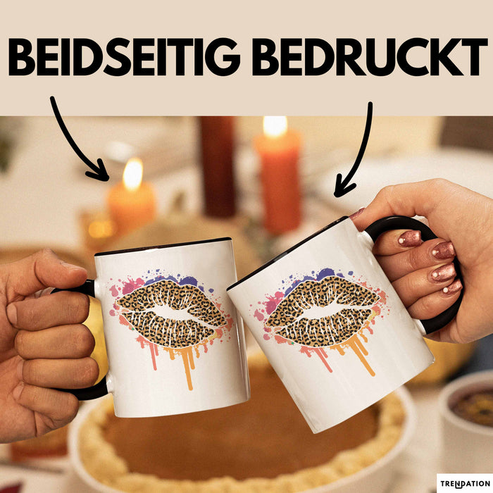 Leoparden Lippen Tasse Geschenk Cool Lips Kiss Leopardenmuster Kaffee-Tasse Geschenkidee Schwarz Trendation