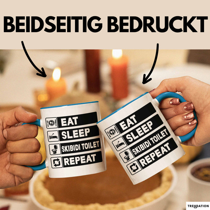 Skibidi Toilet Tasse Geschenk Meme Eat Sleet Repeat Becher Geschenkdiee Blau Trendation