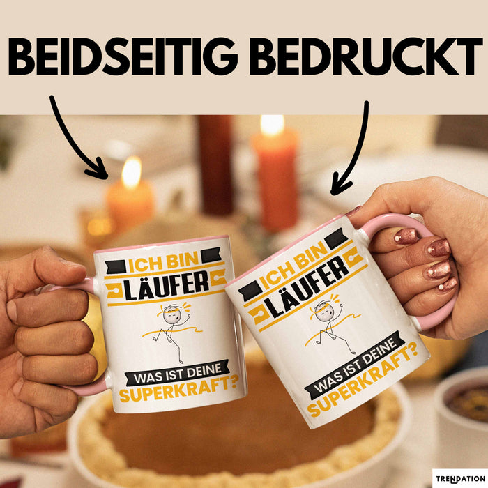 Läufer Tasse Geschenk für Läufer Geburtstag Lustiger Spruch Kaffee-Becher Was Ist Deine Superkraft Rosa Trendation
