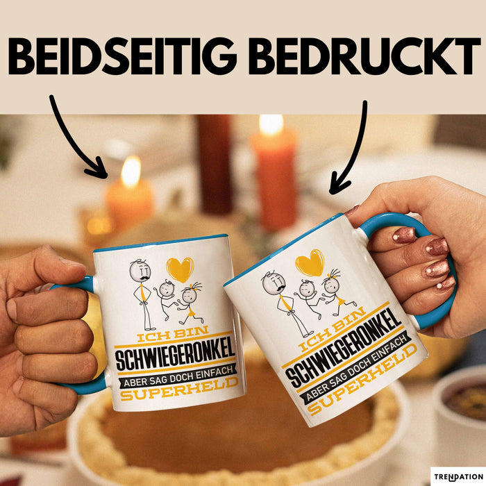 Schwiegeronkel Geschenk Tasse Ich Bin Schwiegeronkel Aber Sag Doch Einfach Superheld Lustige Geschenkdiee für Schwiegeronkel Kaffee-Becher Blau Trendation