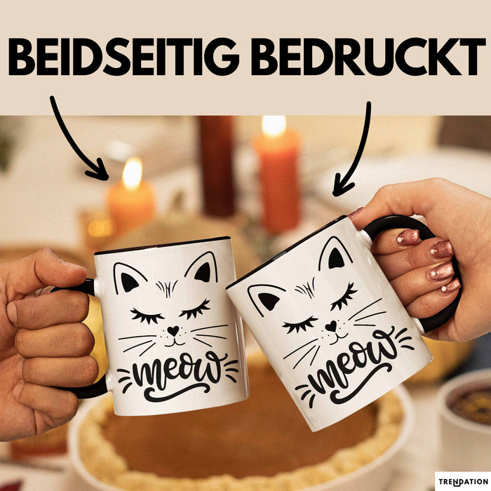 Katzen-Besitzerin Tasse Geschenk Meow Katze Geschenkidee Miau Katzen Mama Kaffee-Becher Schwarz Trendation