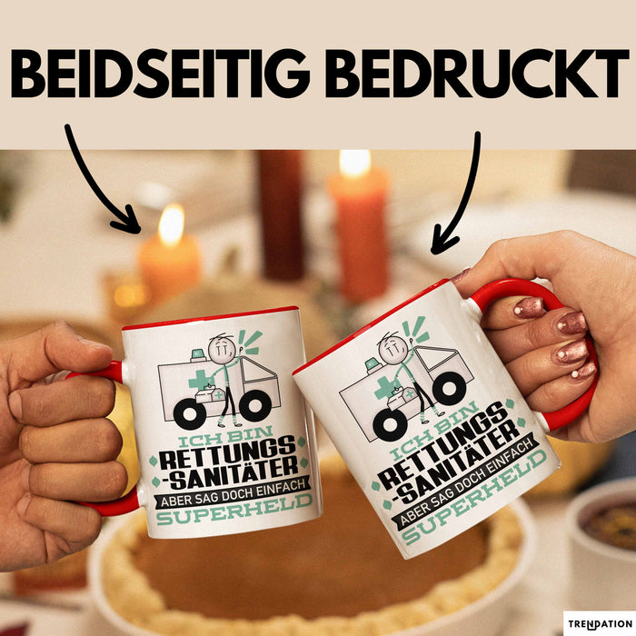 Rettungssanitäter Geschenk Tasse Ich Bin Rettungssanitäter Aber Sag Doch Einfach Superheld Lustige Geschenkdiee für Rettungssanitäter Kaffee-Becher Rot Trendation