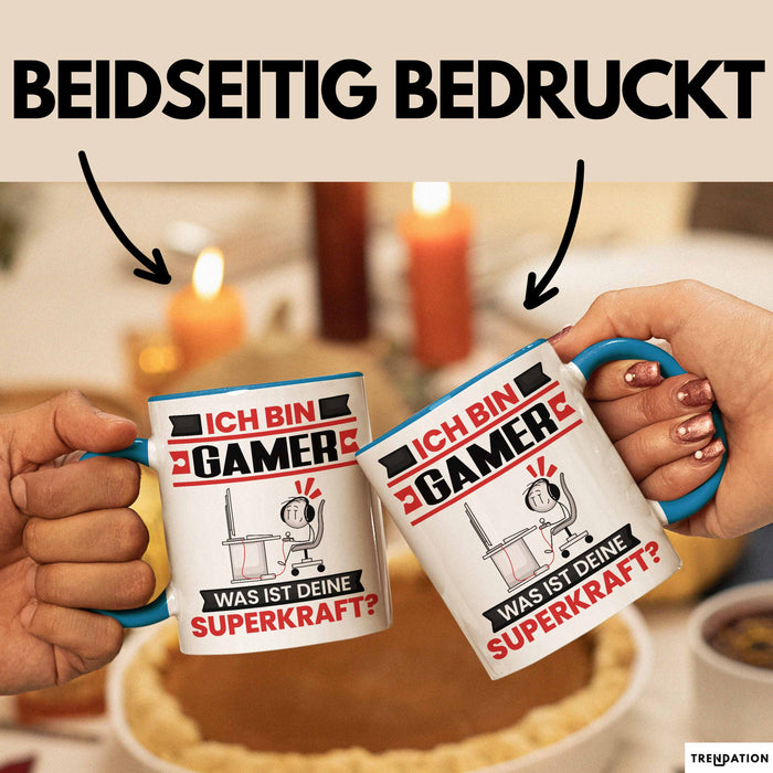 Gamer Tasse Geschenk für Gamer Geburtstag Lustiger Spruch Kaffee-Becher Was Ist Deine Superkraft Blau Trendation