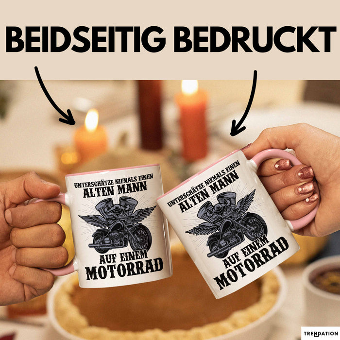 Motorradfahrer Geschenk Tasse Kaffee-Becher Motorrad Spruch Unterschätze Niemals Einen Alten Mann Auf Einem Motorrad Spruch Männer Rosa Trendation