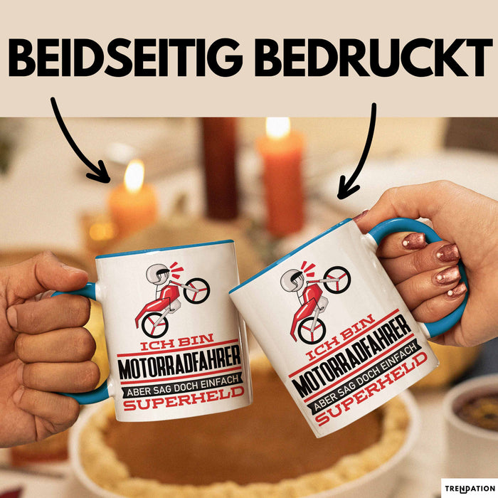 Motorradfahrer Geschenk Tasse Ich Bin Motorradfahrer Aber Sag Doch Einfach Superheld Lustige Geschenkdiee für Motorradfahrer Kaffee-Becher Blau Trendation