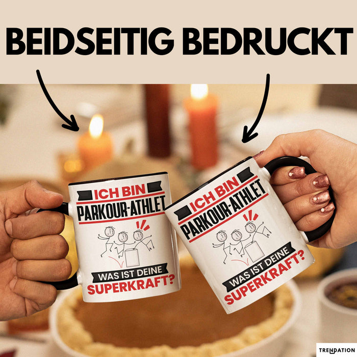 Parkour-Athlet Tasse Geschenk für Parkour-Athlet Geburtstag Lustiger Spruch Kaffee-Becher Was Ist Deine Superkraft Schwarz Trendation