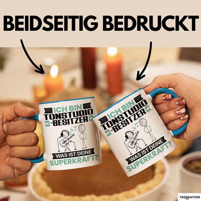 Tonstudio-Besitzer Tasse Geschenk für Tonstudio-Besitzer Geburtstag Lustiger Spruch Kaffee-Becher Was Ist Deine Superkraft Blau Trendation