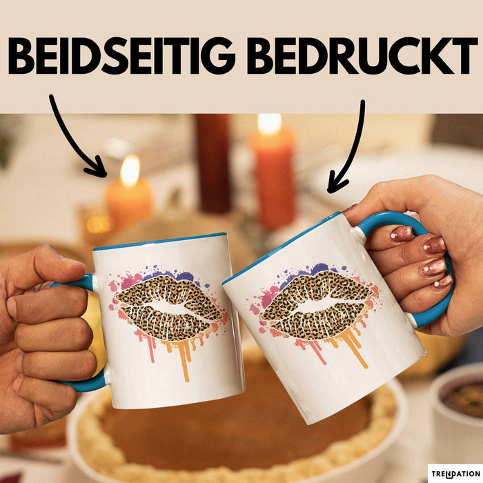 Leoparden Lippen Tasse Geschenk Cool Lips Kiss Leopardenmuster Kaffee-Tasse Geschenkidee Blau Trendation