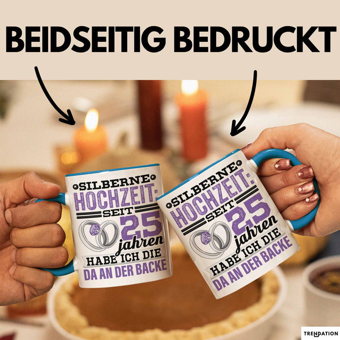 Ehemann Tasse Geschenk 25 Jahre Hochzeitstag Lustiger Spruch Seit 25 Jahren Habe ich den Da an der backe Silberhochzeit Blau Trendation