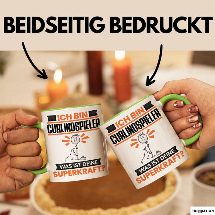 Curlingspieler Tasse Geschenk für Curlingspieler Geburtstag Lustiger Spruch Kaffee-Becher Was Ist Deine Superkraft Grün Trendation