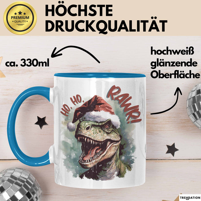 Weihnachten Tasse Dinosaurier Geschenkidee Ho Ho Rawr Jungs Jungen Geschenkidee Kaffeebecher Blau Trendation