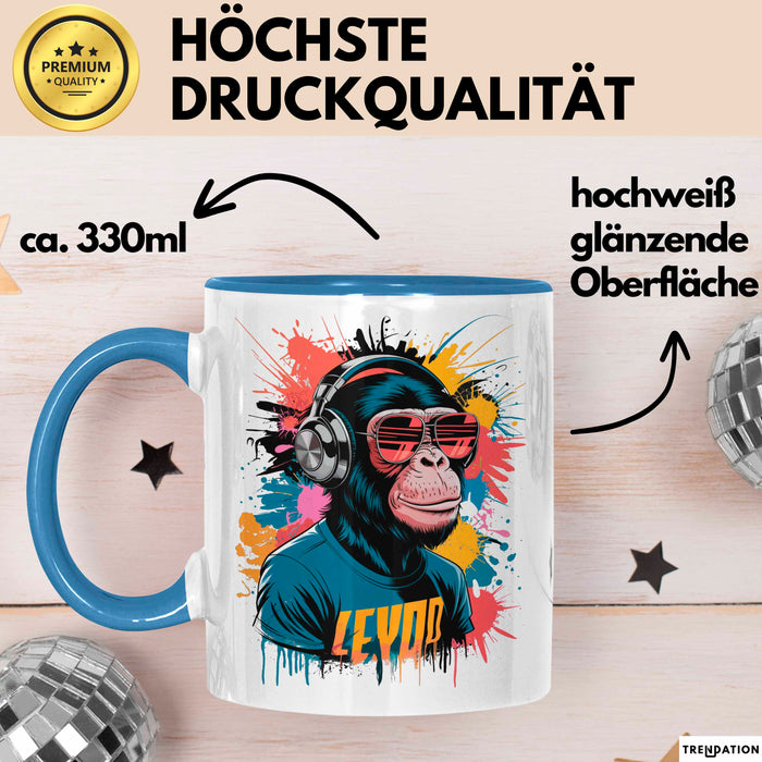 Affe Tier Kopfhörer Sonnenbrille Tasse Geschenk Lustige Geschenkidee Spruch Blau Trendation