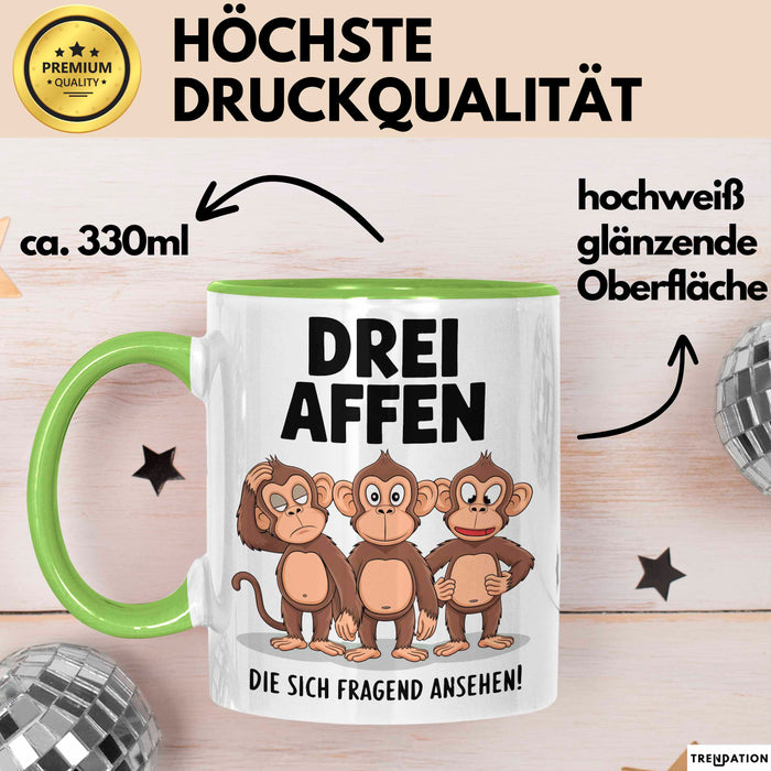 Affe Tier Tasse Geschenk Lustige Geschenkidee Spruch 3 affen Die Sich Fragend Ansehen Grün Trendation