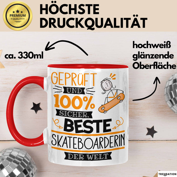 Beste Skateboarderin Der Welt Tasse Geschenk für Eine Skateboarderin Geprüft Und Sicher Geschenkidee Geburtstag Weihnachten Rot Trendation