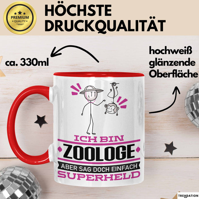Zoologe Geschenk Tasse Ich Bin Zoologe Aber Sag Doch Einfach Superheld Lustige Geschenkdiee für Zoologe Kaffee-Becher Rot Trendation