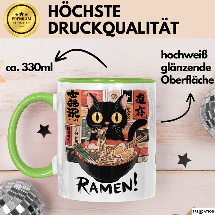 Katzen Tierliebhaber Tasse Geschenk Lustige Geschenkidee Spruch Katze Isst Ramen Nudeln Grün Trendation