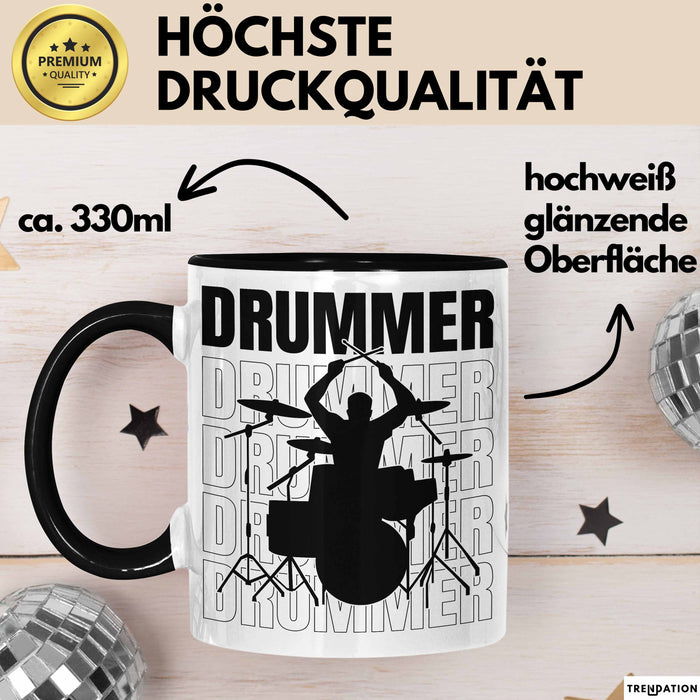 Drummer Schlagzeug-Spieler Geschenk Tasse Geschenkidee Kaffee-Becher Schlagzeuger Schwarz Trendation