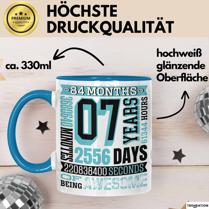 Tasse 07 Jahre Jubiläum Design mit Zeitangaben, Geschenkidee Blau Trendation