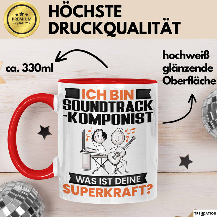 Soundtrack-Komponist Tasse Geschenk für Soundtrack-Komponist Geburtstag Lustiger Spruch Kaffee-Becher Was Ist Deine Superkraft Rot Trendation