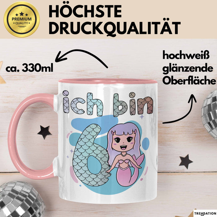 6. Geburtstag Mädchen Geschenk Meerjungfrau Geschenk Tasse für Mädchen Nymphe Nixe Becher Grafik Rosa Trendation