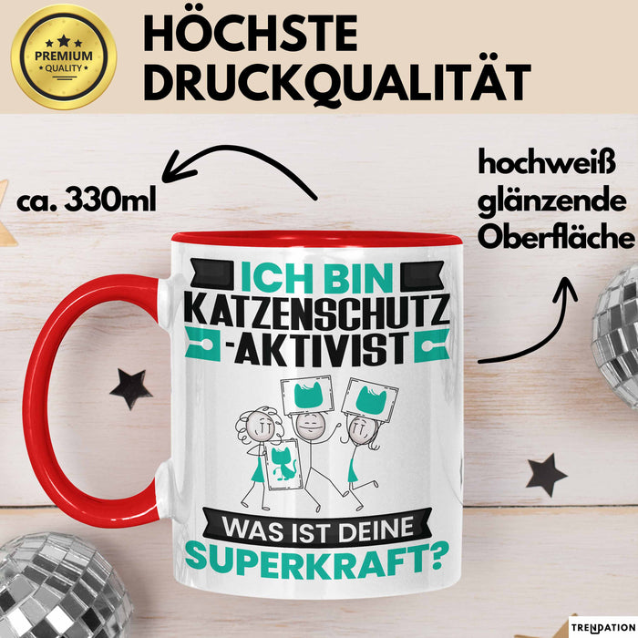 Katzenschutzaktivist Tasse Geschenk für Katzenschutzaktivist Geburtstag Lustiger Spruch Kaffee-Becher Was Ist Deine Superkraft Rot Trendation