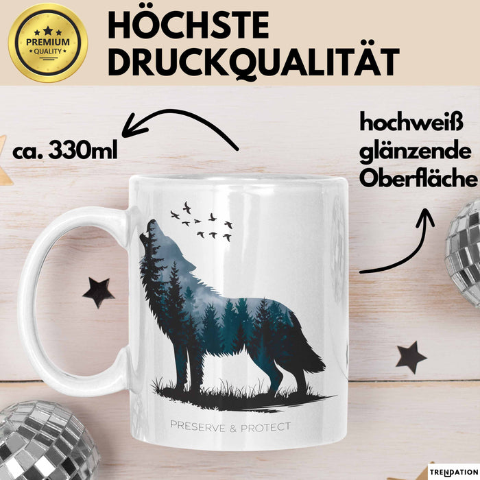 Klimaschutz Tasse Geschenk Erhalten Schützen Wolf Tiermotiv Weiß Trendation