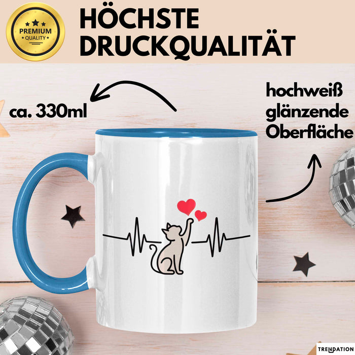 Katzen Tierliebhaber Herzschlag Tasse Geschenk Lustige Geschenkidee Spruch Blau Trendation
