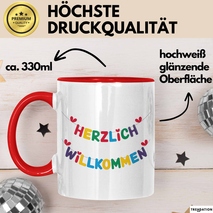 Willkommensparty Dekoration Tasse Geschenk Lustige Geschenkidee Spruch Herzlich Willkommen Rot Trendation