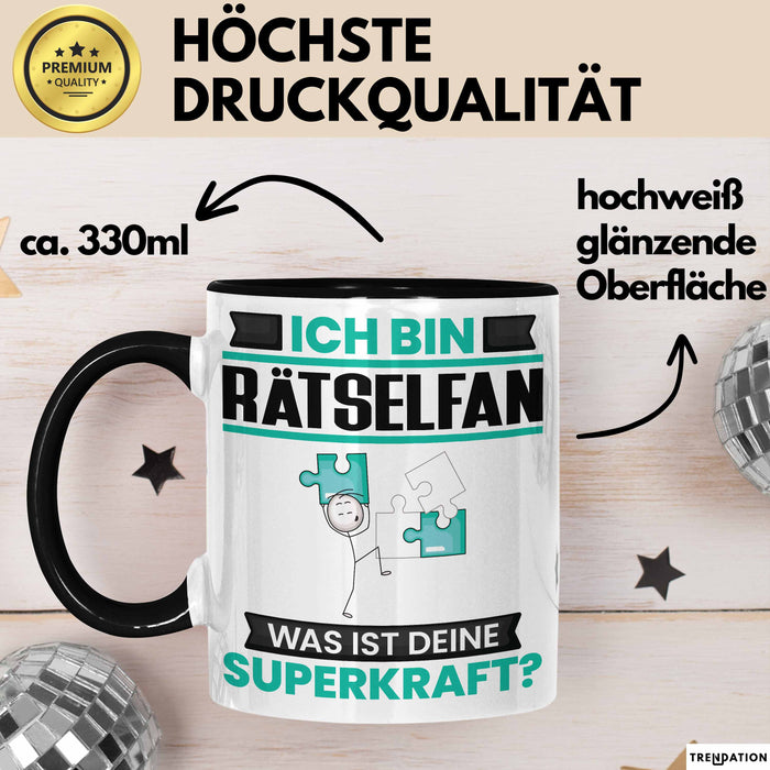 Rätselfan Tasse Geschenk für Rätselfan Geburtstag Lustiger Spruch Kaffee-Becher Was Ist Deine Superkraft Schwarz Trendation