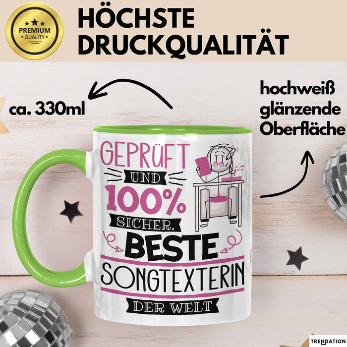 Beste Songtexterin Der Welt Tasse Geschenk für Eine Songtexterin Geprüft Und Sicher Geschenkidee Geburtstag Weihnachten Grün Trendation