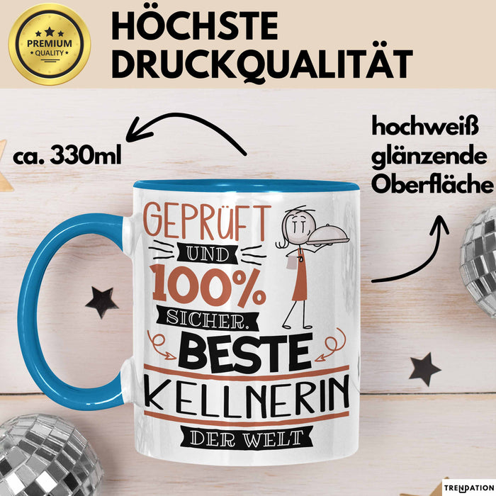 Beste Kellnerin Der Welt Tasse Geschenk für Eine Kellnerin Geprüft Und Sicher Geschenkidee Geburtstag Weihnachten Blau Trendation