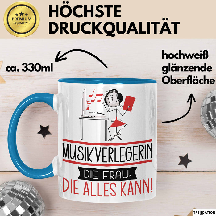 Musikverlegerin Geschenk Tasse Becher Die Frau Die Allen Kann Geschenkidee für eine Musikverlegerin Lustig Blau Trendation