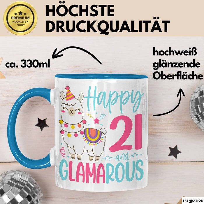 21er Geburtstag Tasse Geschenk Happy 21 And Glamarous Llama Alpaka Liebhaber Geschenkidee zum Geburtstag Blau Trendation
