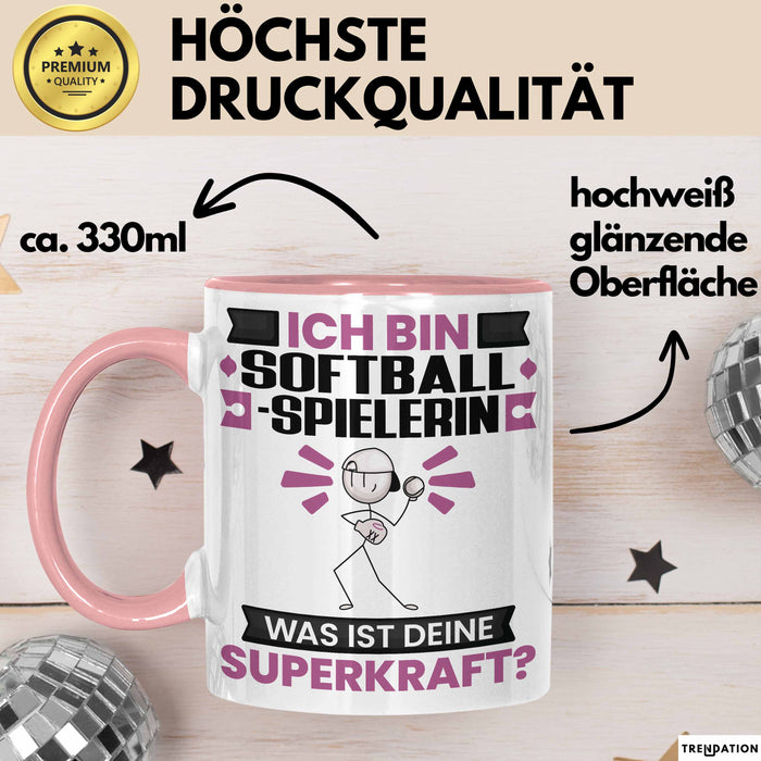 Softballspielerin Tasse Geschenk für Softballspielerin Geburtstag Lustiger Spruch Kaffee-Becher Was Ist Deine Superkraft Rosa Trendation