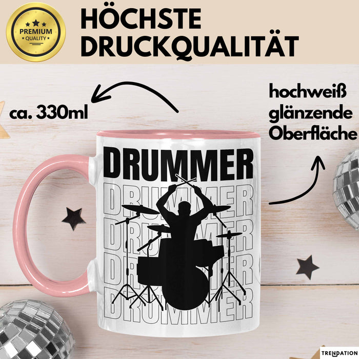 Drummer Schlagzeug-Spieler Geschenk Tasse Geschenkidee Kaffee-Becher Schlagzeuger Rosa Trendation
